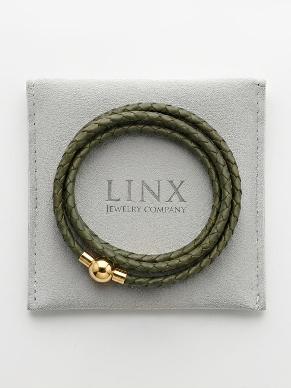 Linx Triple Wrap Army Green Leather Braided Cord Bracelet Gold Magnetic Clasp